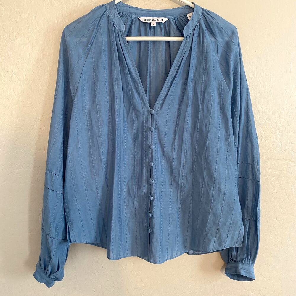 Veronica Beard Ailani Blouse Top Button Front Women Sz 6 Medium Blue Cotton Silk - Picture 2 of 5